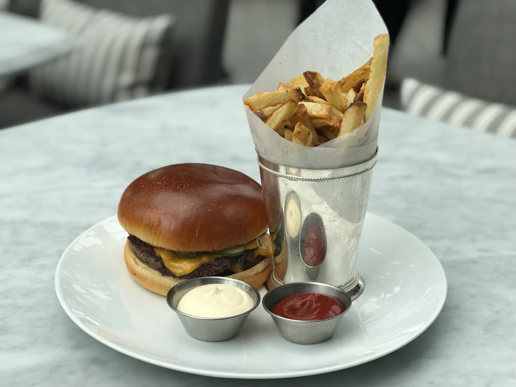 The RH burger and fries at Restoration Hardware's rooftop restaurant in Edina.