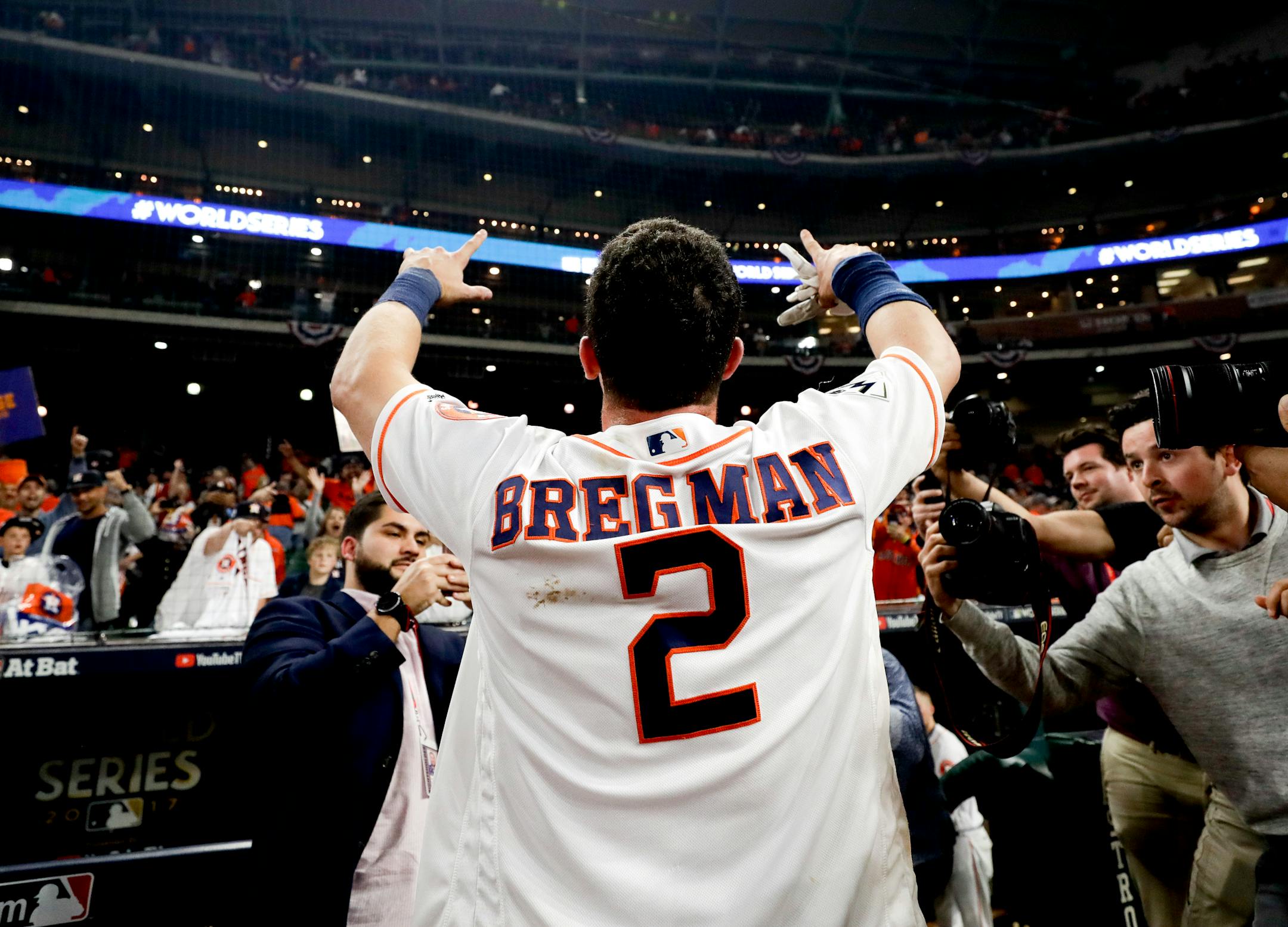 The Astros' Alex Bregman celebrated his game-winning single in Game 5 of the World Series, The Astros outslugged the Dodgers 13-12 to take a 3-2 lead in the series.