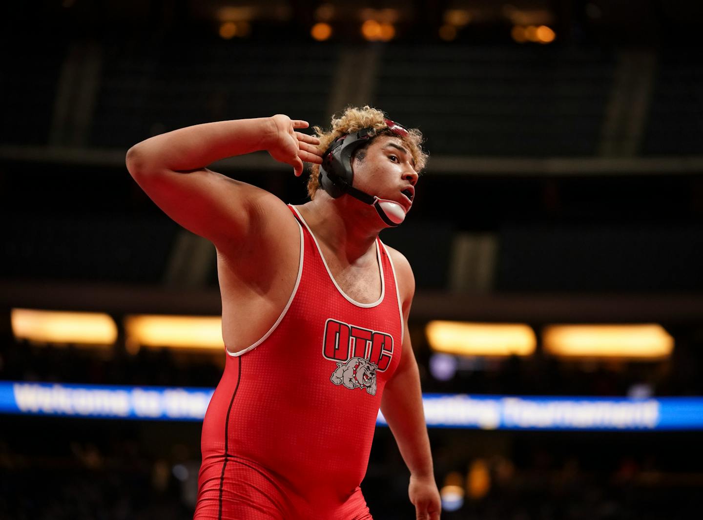 After winning his Class 1A 3rd place heavyweight match over Dylan Nirk of Westfield, Cian Buehler of Ottertail Central strained to hear the cheers from the crowd. (match 336) ] JEFF WHEELER • Jeff.Wheeler@startribune.com