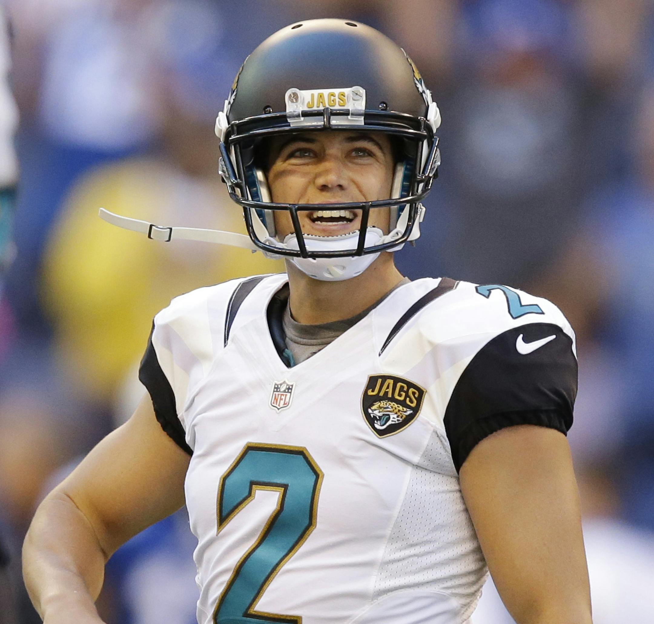 Jacksonville Jaguars' Jason Myers (2) reacts after missing a game winning field goal during overtime of an NFL football game against the Indianapolis Colts, Sunday, Oct. 4, 2015, in Indianapolis. Indianapolis won 16-13 in overtime. (AP Photo/Michael Conroy)