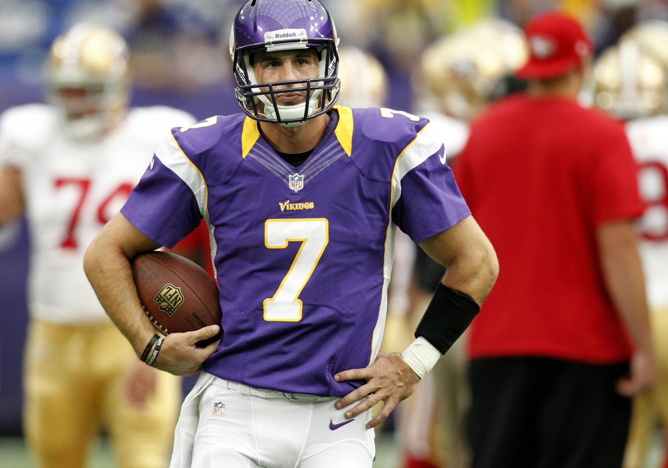 Minnesota Vikings quarterback Christian Ponder during team warm ups before Sunday's game between the Vikings and 49ers.