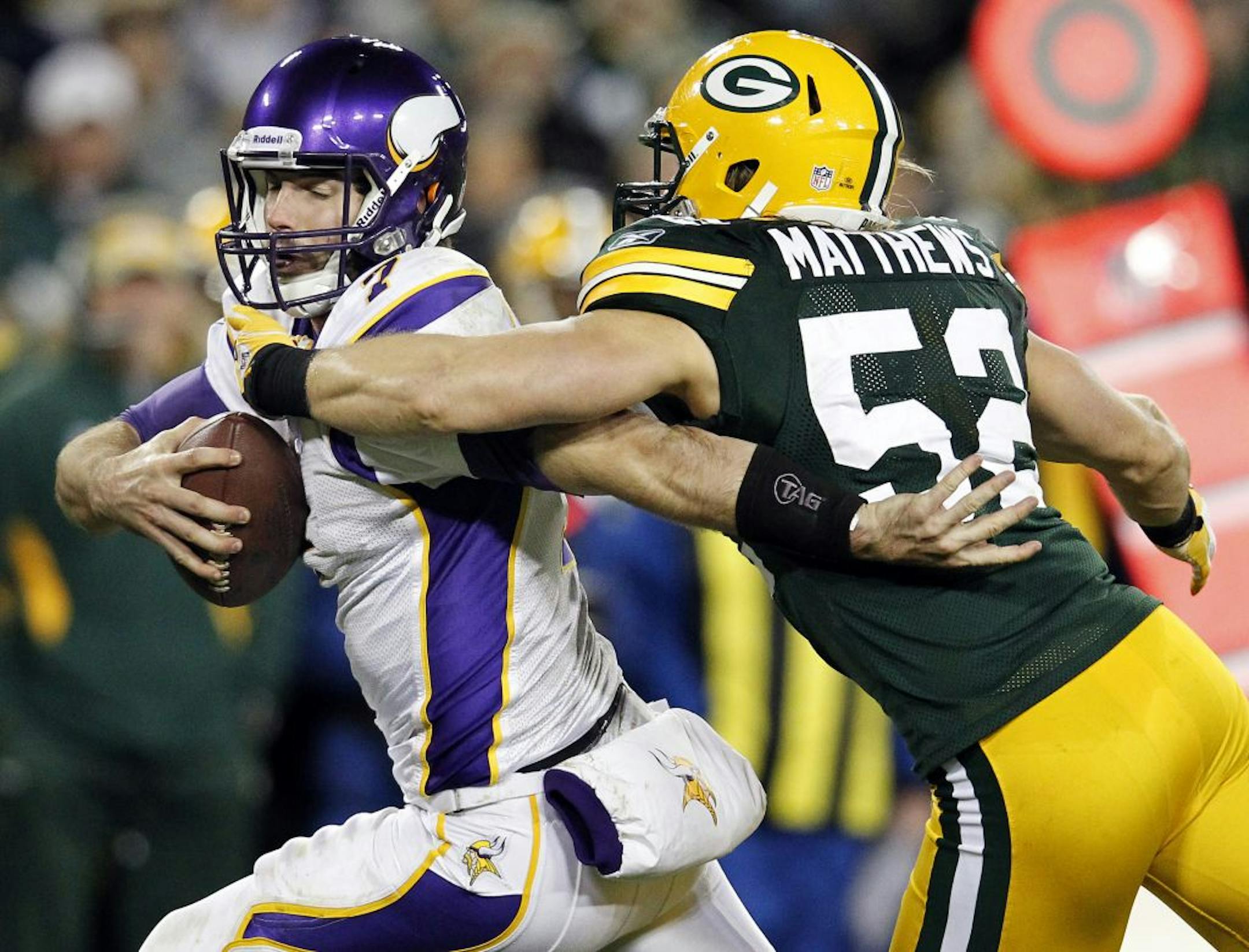 Vikings quarterback Christian Ponder couldn't escape the grasp of Packers linebacker Clay Matthews on this third-quarter play Monday. In six third-quarter possessions vs. the Vikings this year, the Packers have scored all six times.