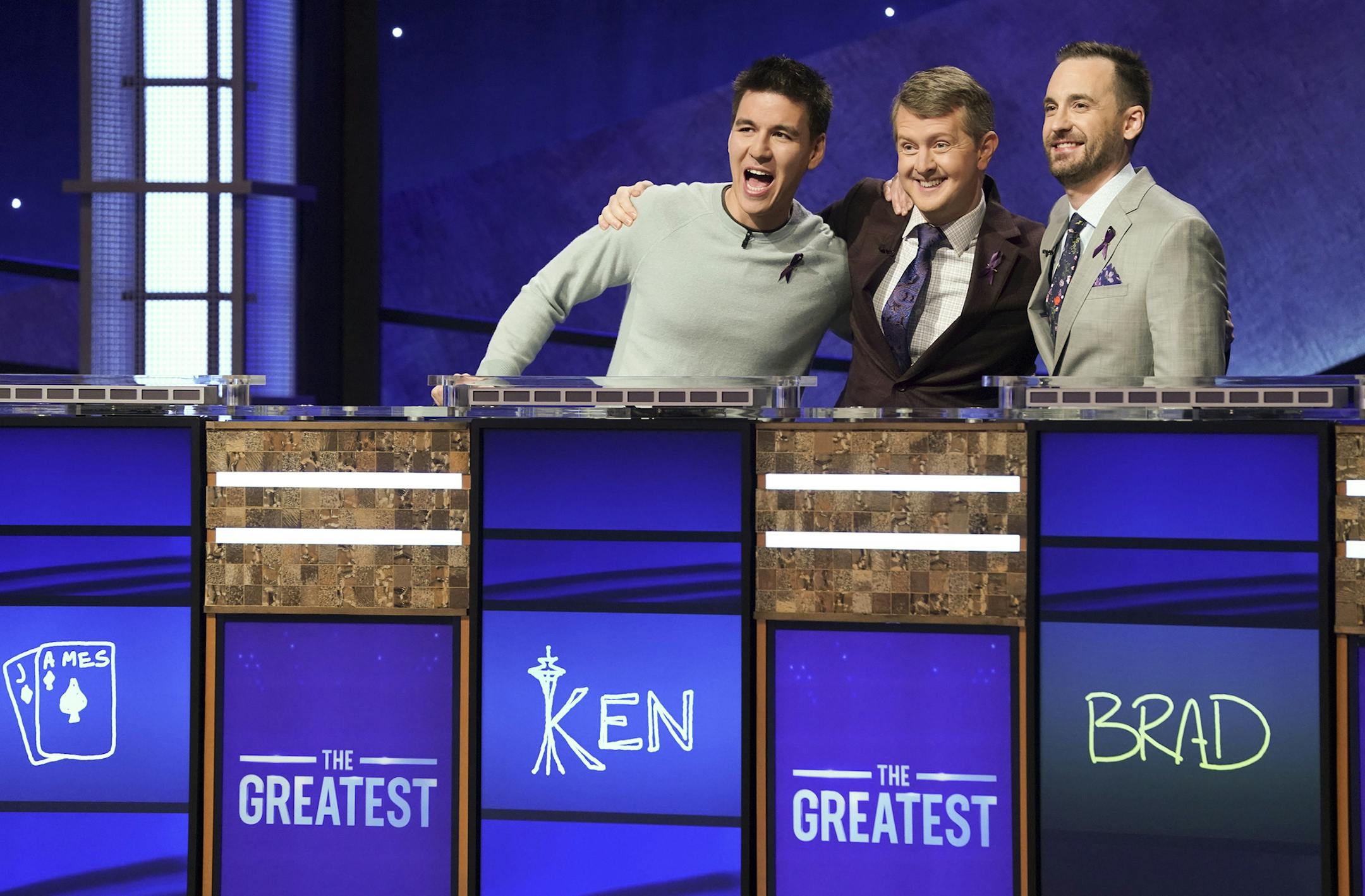 JEOPARDY! THE GREATEST OF ALL TIME &#xd0; On the heels of the iconic Tournament of Champions, "JEOPARDY!" is coming to ABC in a multiple consecutive night event with "JEOPARDY! The Greatest of All Time," premiering TUESDAY, JAN. 7 (8:00-9:00 p.m. EST), on ABC. Hosted by Alex Trebek, "JEOPARDY! The Greatest of All Time" is produced by Sony Pictures Television. (ABC/Eric McCandless)
JAMES HOLZHAUER, KEN JENNINGS, BRAD RUTTER