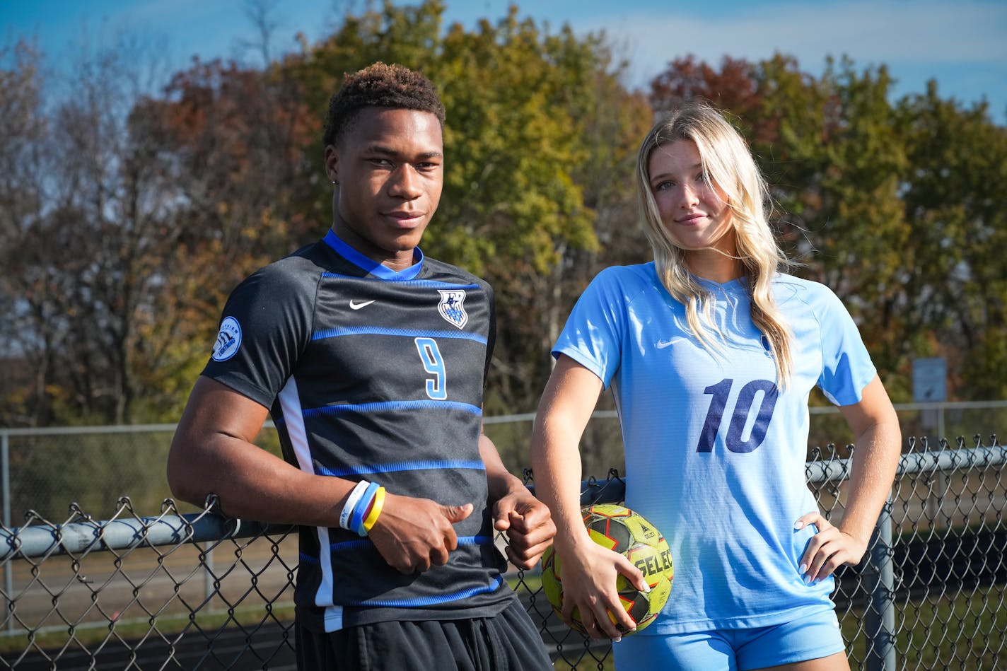 Kendall Stadden (10) of Blaine and Asher Ozuzu (9) of Eastview are the Star Tribune prep soccer players of the year. The two were photographed at the Blaine High School stadium in Blaine, Minn., on Friday, Oct. 21, 2022. Metro Players of the Year in soccer. ] SHARI L. GROSS • shari.gross@startribune.com