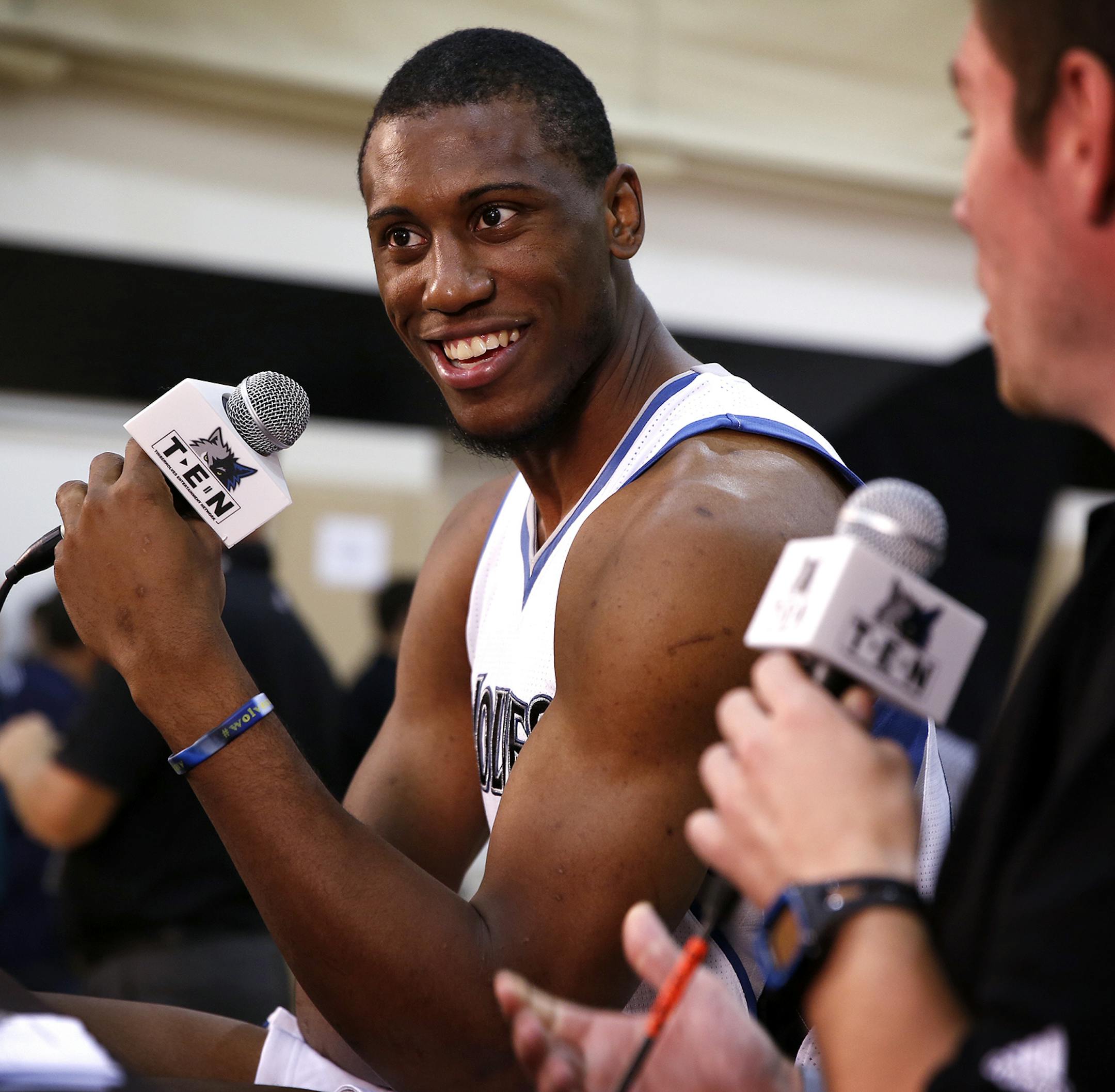 Thaddeus Young does an interview duringTimberwolves media day at the Target Center on Monday, September 29, 2014. ] LEILA NAVIDI leila.navidi@startribune.com /