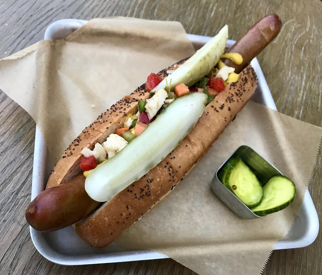 Foot-long hot dog from the Grocer’s Table in Wayzata. Photo by Rick Nelson