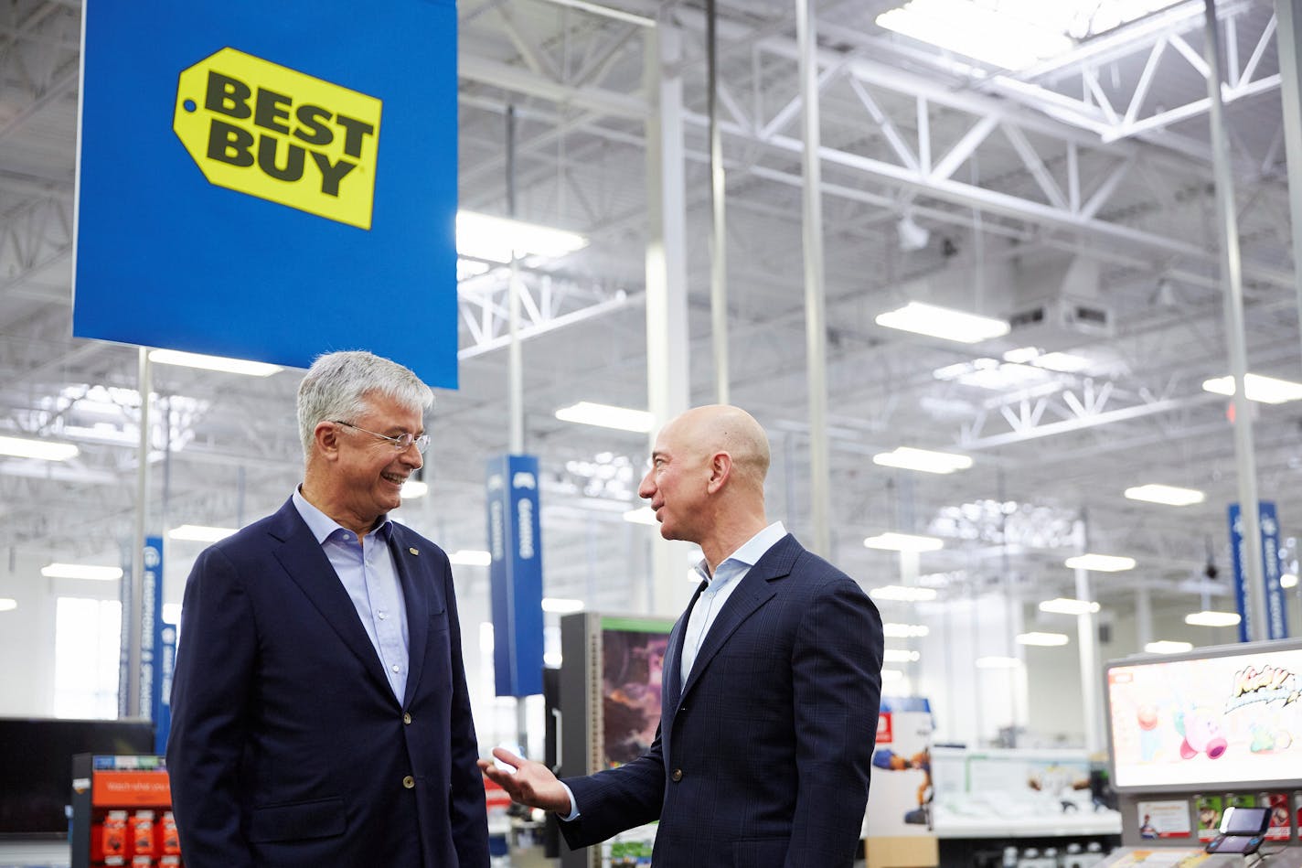 Best Buy CEO Hubert Joly and Amazon's Jeff Bezos came together Tuesday to discuss the deal.