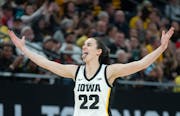 Iowa guard Caitlin Clark reacts after finally hitting a three pointer during the fourth quarter.