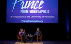 Daphne Brooks and Jeff Chang discussing Prince's legacy Monday evening at Northrop Auditorium.