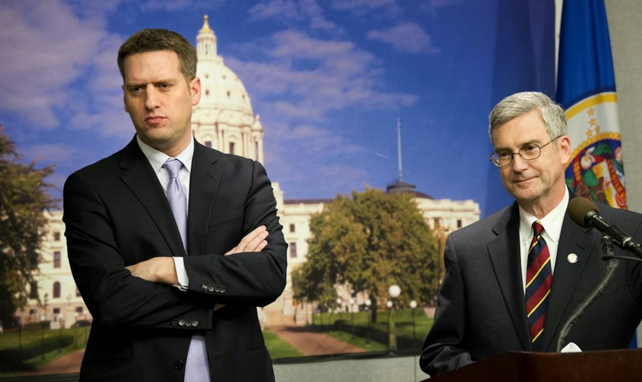 House Minority Leader Kurt Daudt and Senate Minority Leader David Hann responded to governor Dayton's budget proposal Tuesday, January 22, 2013.