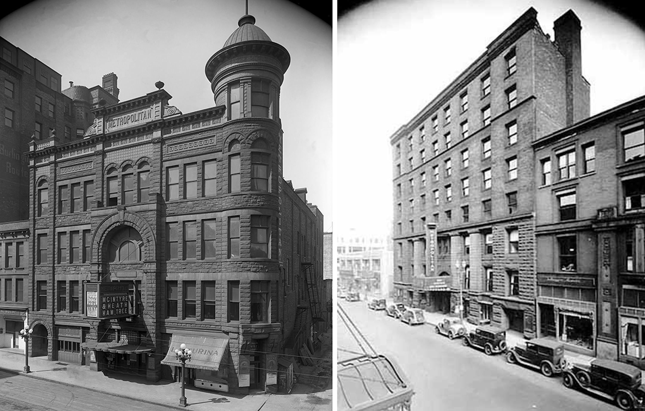 Tale of two Metropolitans: The Minneapolis Metropolitan, at left in 1914, was on Marquette Avenue St. Paul's opera house, at right in 1936, was on E. 6th Street.