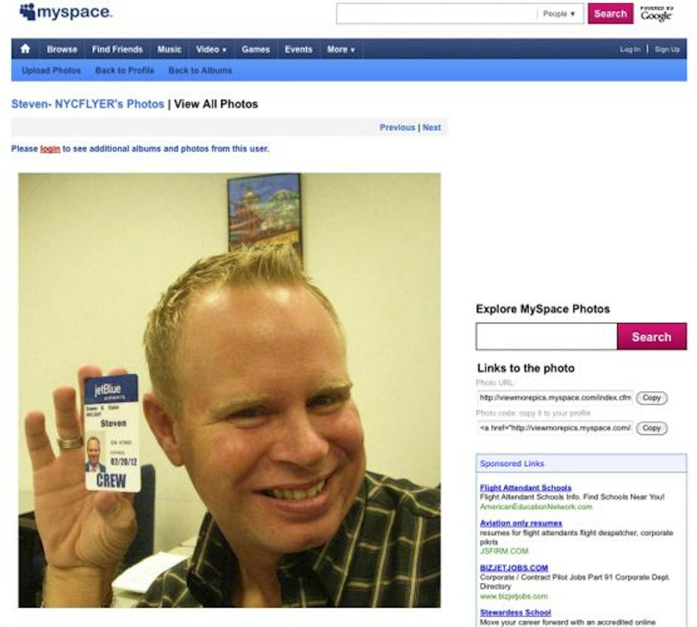 Steven Slater, a flight attendant for JetBlue Airways, literally slid into folk hero status this week. He's shown in a screen grab taken from MySpace.