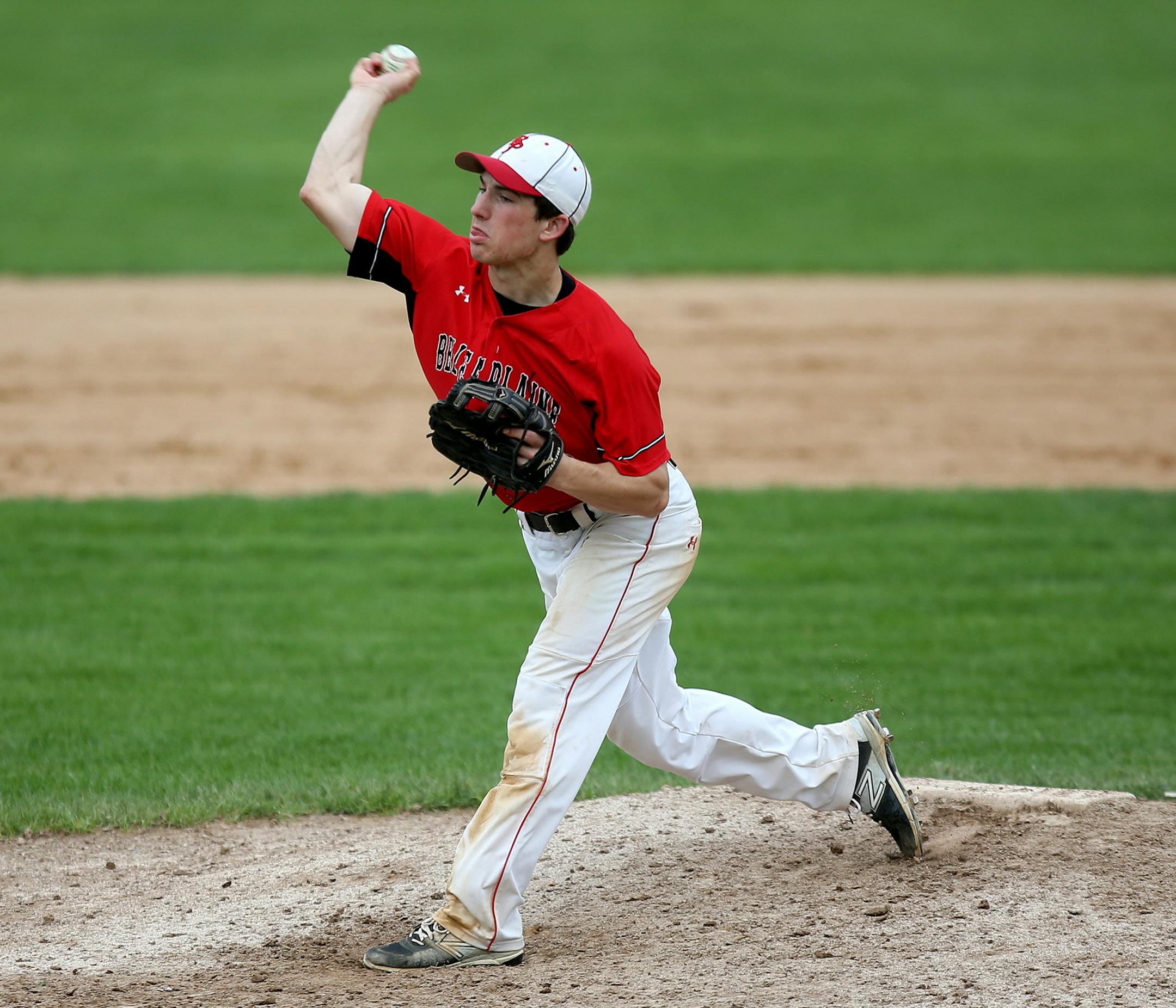 Belle Plaine's Joe Hankins pitched in the second inning. ] (KYNDELL HARKNESS/STAR TRIBUNE) kyndell.harkness@startribune.com Belle Plaine vs Sibley East in Arlington Min., Friday, May 15, 2015.