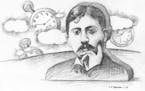 Marcel Proust, author, with clocks in the background landscape. Illustration art by Star Tribune artist L.K. Hanson goes with a millennium article New