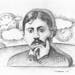 Marcel Proust, author, with clocks in the background landscape. Illustration art by Star Tribune artist L.K. Hanson goes with a millennium article New