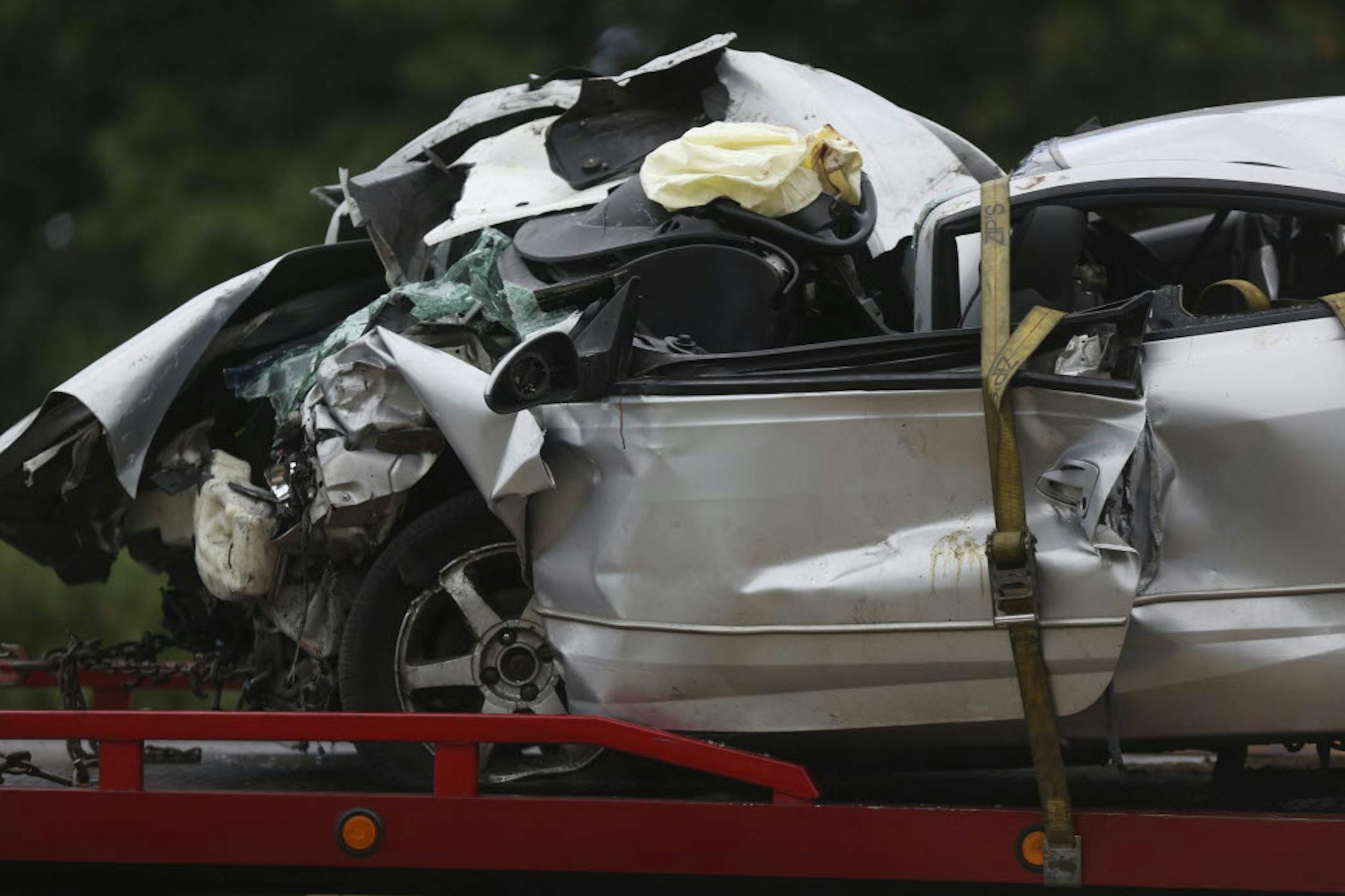 This is one of the three wrecked cars secured on a flatbed after a multi-car crash in Blaine on Thursday.