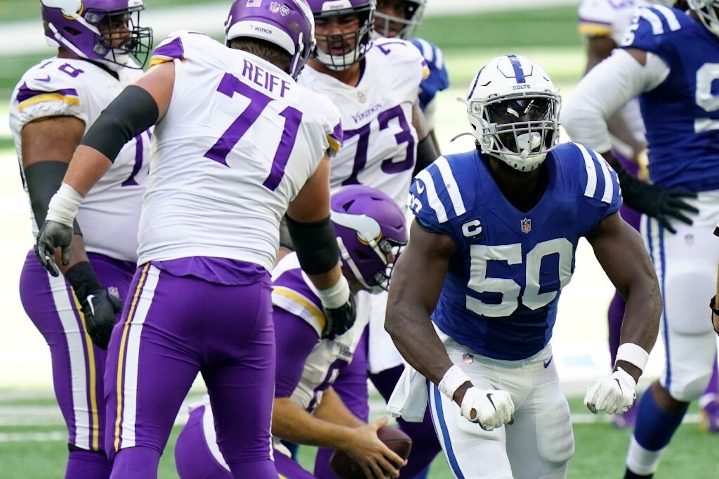 Indianapolis Colts' Justin Houston (50) reacts after sacking Minnesota Vikings quarterback Kirk Cousins (8) during the second half of an NFL football game, Sunday, Sept. 20, 2020, in Indianapolis.