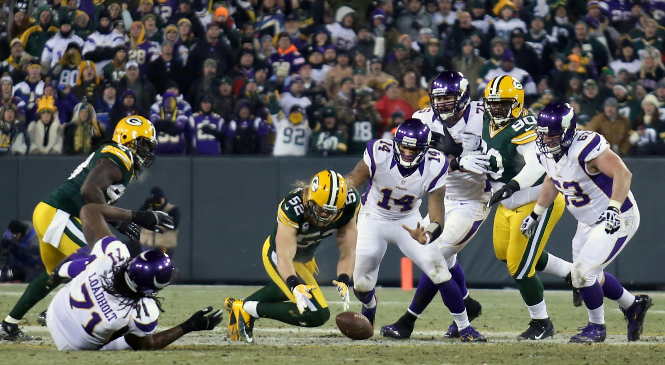 Vikings quarterback Joe Webb fumbled the ball on 4th and 3 in the third quarter. Clay Matthews recovered the ball.