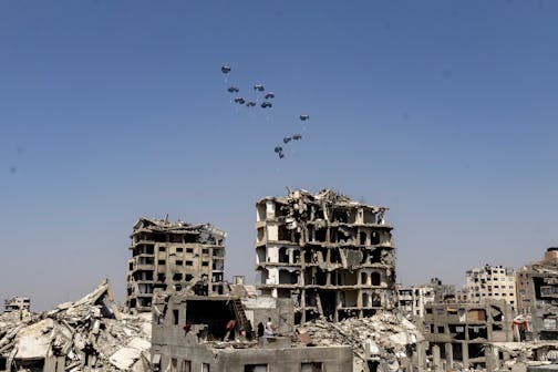 Aid dropped by parachute by a United Arab Emirates aircraft in northern Gaza City, on July 27.