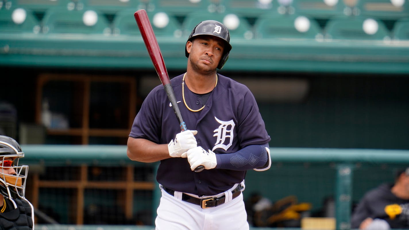 Detroit Tigers' Jonathan Schoop bats during a spring training exhibition baseball game against the Pittsburgh Pirates in Lakeland, Fla., Saturday, March 20, 2021. (AP Photo/Gene J. Puskar)