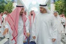 In this Friday, June 2, 2017 photo released by Saudi Press Agency, SPA, Saudi King Salman bin Abdulaziz Al Saud, left, talks to Sheikh Mohammed bin Za
