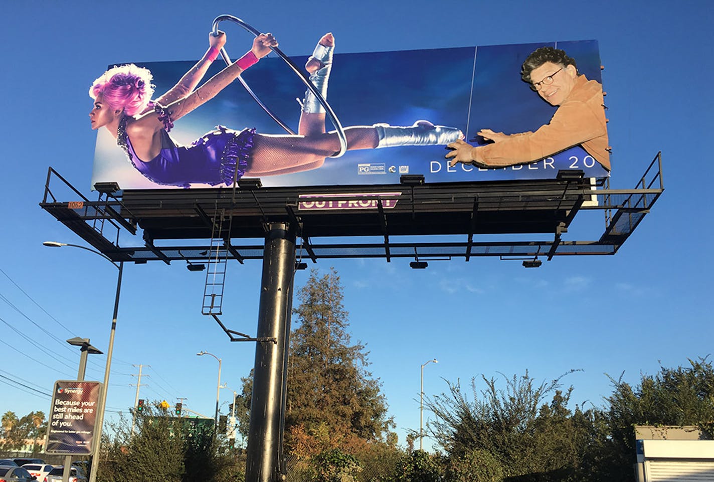 The defaced billboard near a major freeway is an ad for "The Greatest Showman." It was modified with the Franken image by Sabo and Unsavoryagents (www.unsavoryagents.com).