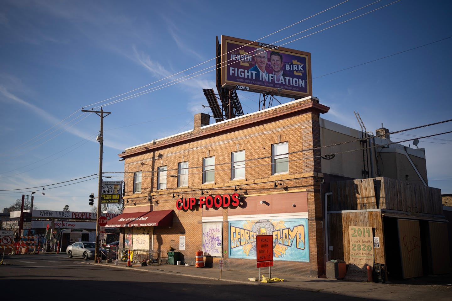 Political advertisements, such as this billboard at George Floyd Square in Minneapolis, have shown up in higher-crime neighborhoods — but not necessarily the candidates themselves.&nbsp;