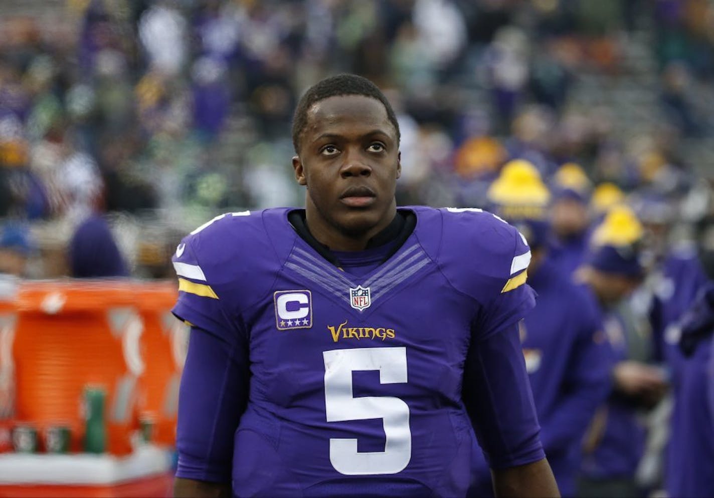 Minnesota Vikings quarterback Teddy Bridgewater walks the sidelines against the Seattle Seahawks in the second half of an NFL football game Sunday, Dec. 6, 2015 in Minneapolis. Seattle won 38-7.