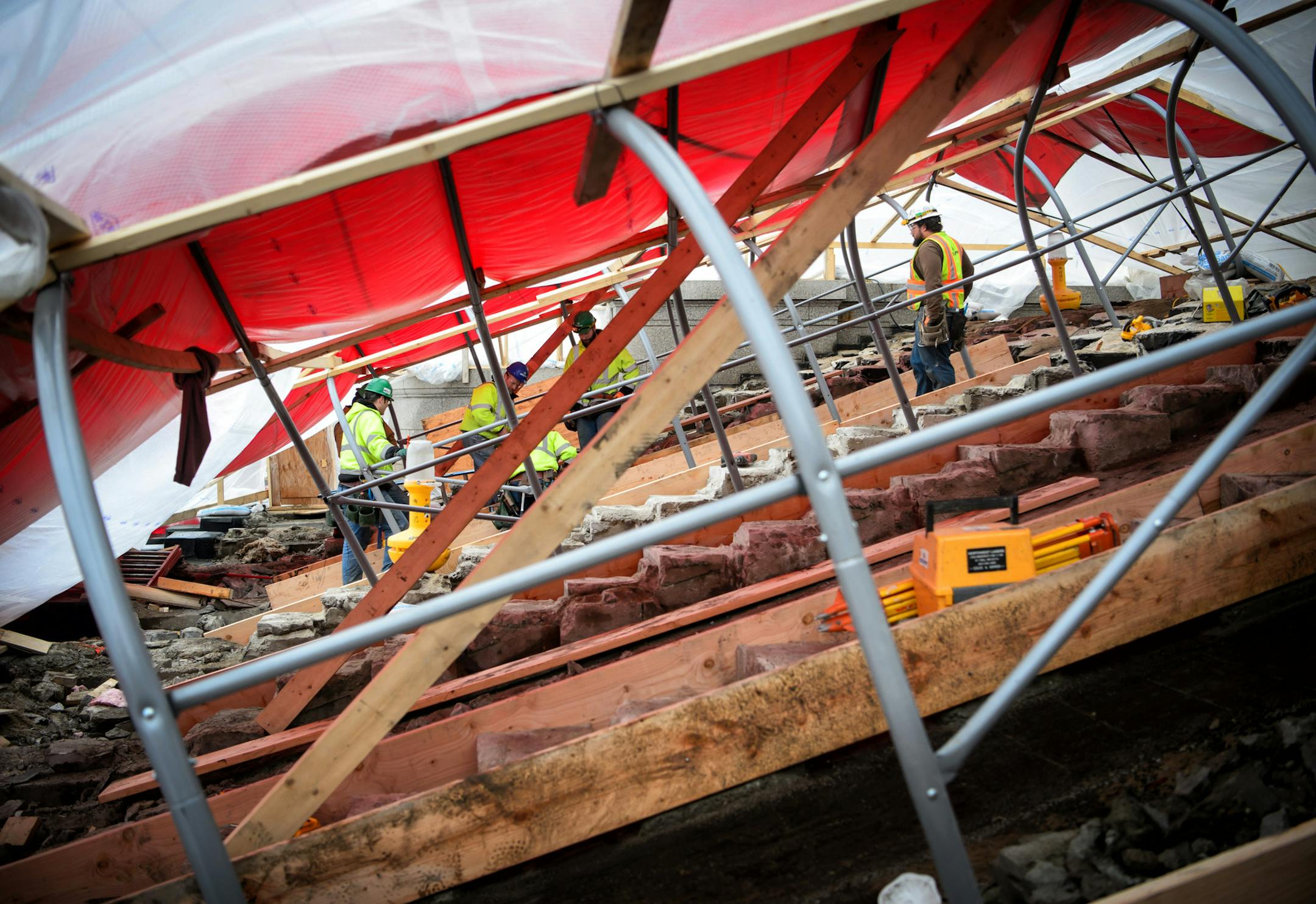 Steps at the main south entrance are in the process of being restored. This entrance will be closed for the 2016 session. ] GLEN STUBBE * gstubbe@startribune.com Friday, February 19, 2016 Tour of ongoing renovation work at the Minnesota State Capitol and at the House chamber currently being prepared for the legislative session.