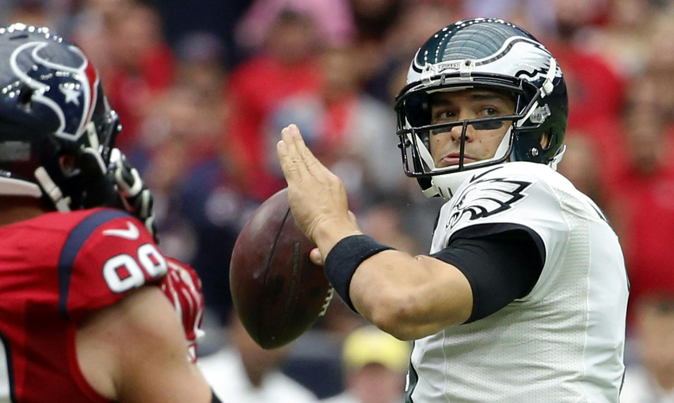 Philadelphia Eagles quarterback Mark Sanchez throws during the second quarter of an NFL football game against the Houston Texans, Sunday, Nov. 2, 2014, in Houston. (AP Photo/Tony Gutierrez)