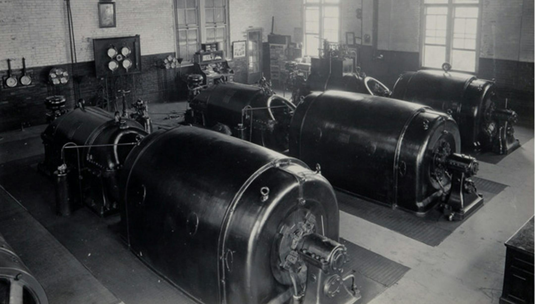 This is from the Minnesota Historical Society. It is from 1919 and shows the Pillsbury A Mill's turbine room, where the flowing river water was converted into electricity to help power the mill. ORG XMIT: Ferrell Collection