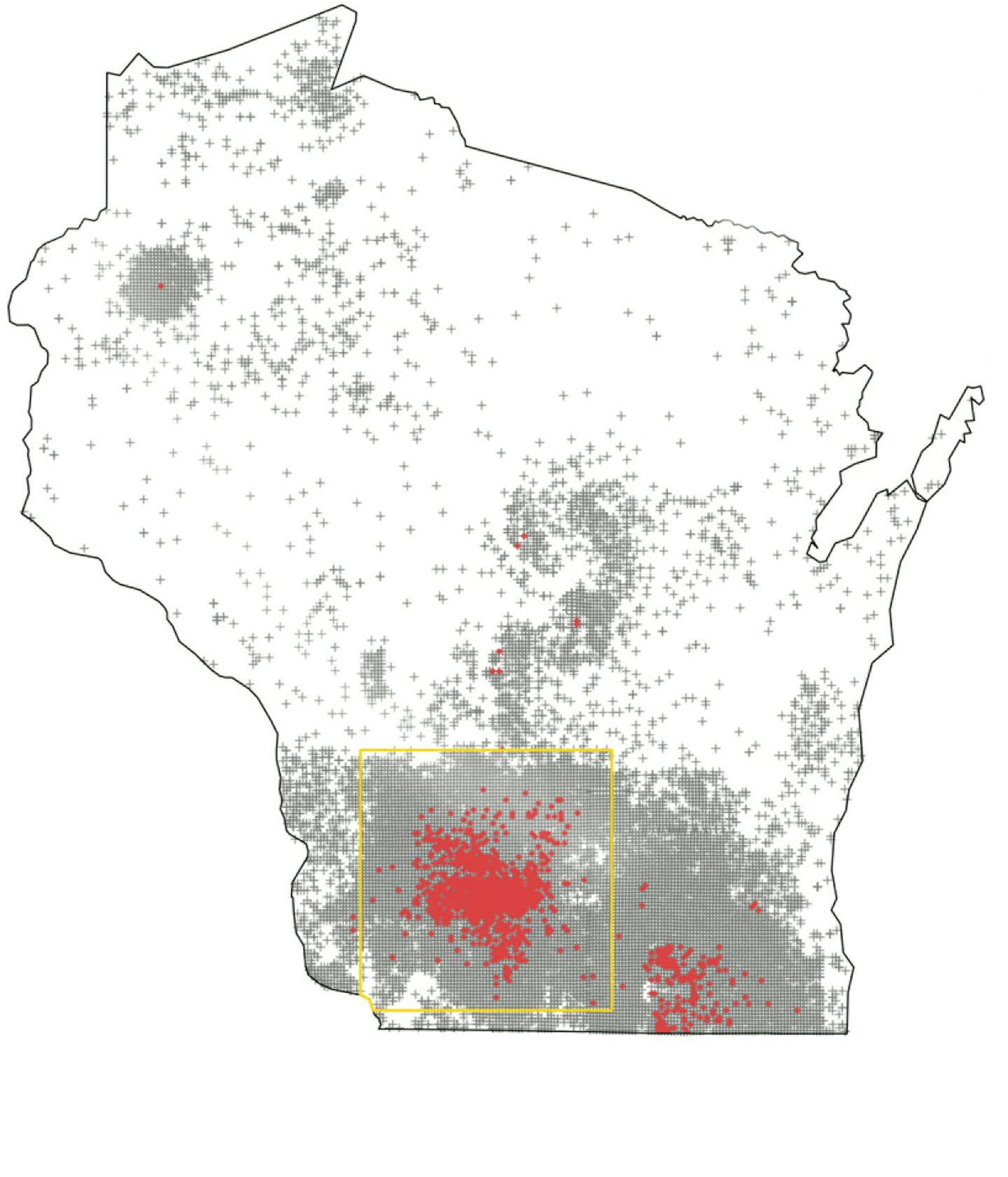 Red dots show the location of nearly 2,600 white-tailed deer that tested positive for chronic wasting disease from 2002-2014 in Wisconsin. U.S. Geological Survey and other researchers focusing on the highlighted (boxed? boxed in?) area used the data to develop a new mathematical model to predict the growth and spread of the disease.