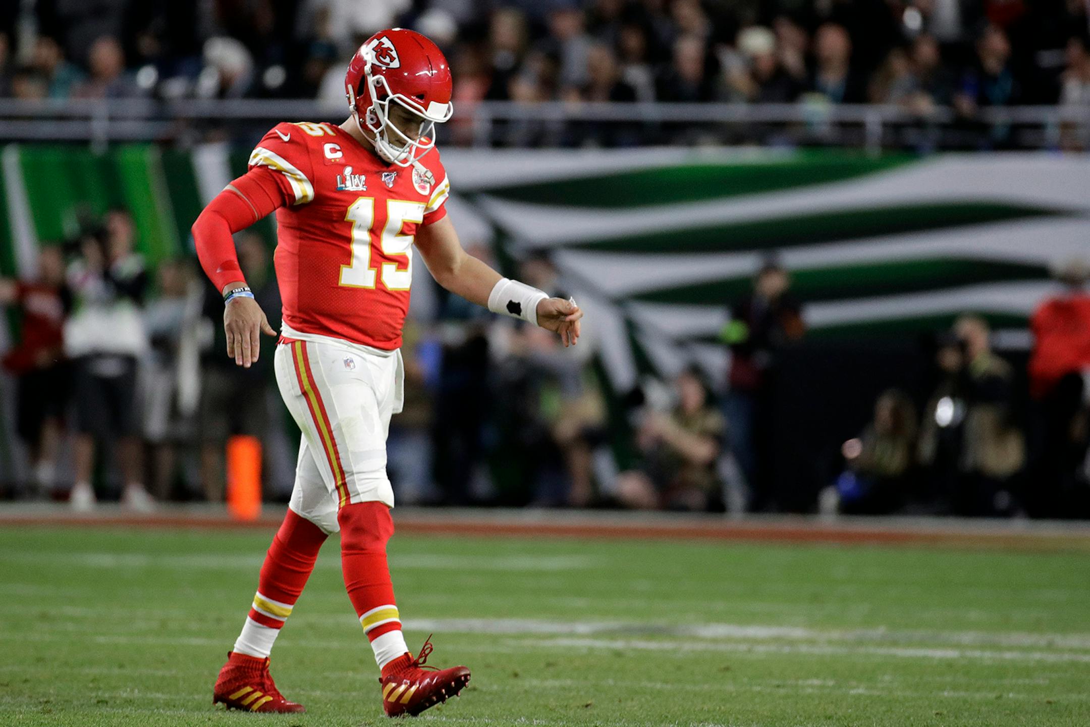 Kansas City Chiefs quarterback Patrick Mahomes (15) reacts after throwing an interception against the San Francisco 49ers during the second half of the NFL Super Bowl 54 football game Sunday, Feb. 2, 2020, in Miami Gardens, Fla.