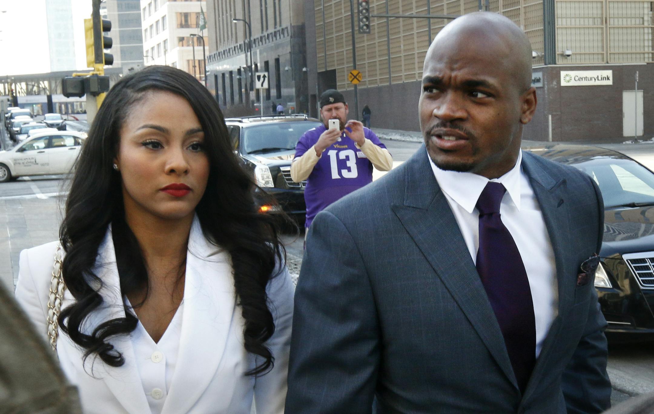 Adrian Peterson and his wife Ashley were greeted by fans and the media outside the Federal Court House in Minneapolis Friday afternoon. ] Adrian Peterson and his wife, Ashley, were present in the packed courtroom at U.S. District Court in downtown Minneapolis for the hearing, which lasted just over an hour. The hearing marked the first time attorneys for the NFL and the NFL Players Association (NFLPA), which is suing on behalf of Peterson, made their case in person to U.S. District Judge David D