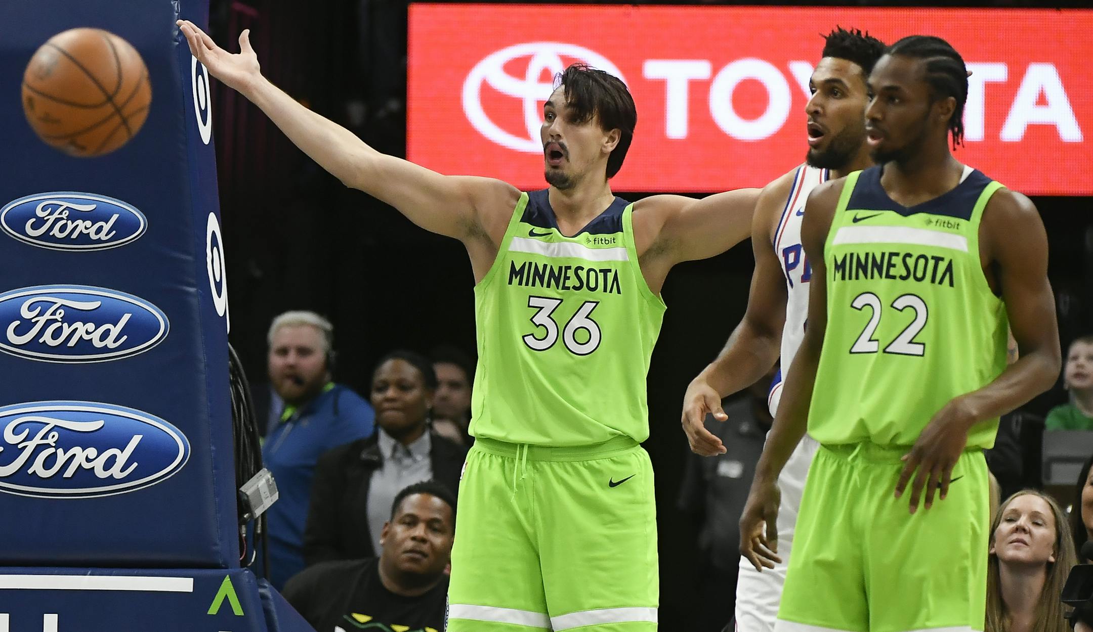 Minnesota Timberwolves forward Dario Saric (36) reacted after being called for a foul early in the first quarter against the Philadelphia 76ers. ] Aaron Lavinsky ¥ aaron.lavinsky@startribune.com The Minnesota Timberwolves played the Philadelphia 76ers on Saturday, March 30, 2019 at Target Center in Minneapolis, Minn.