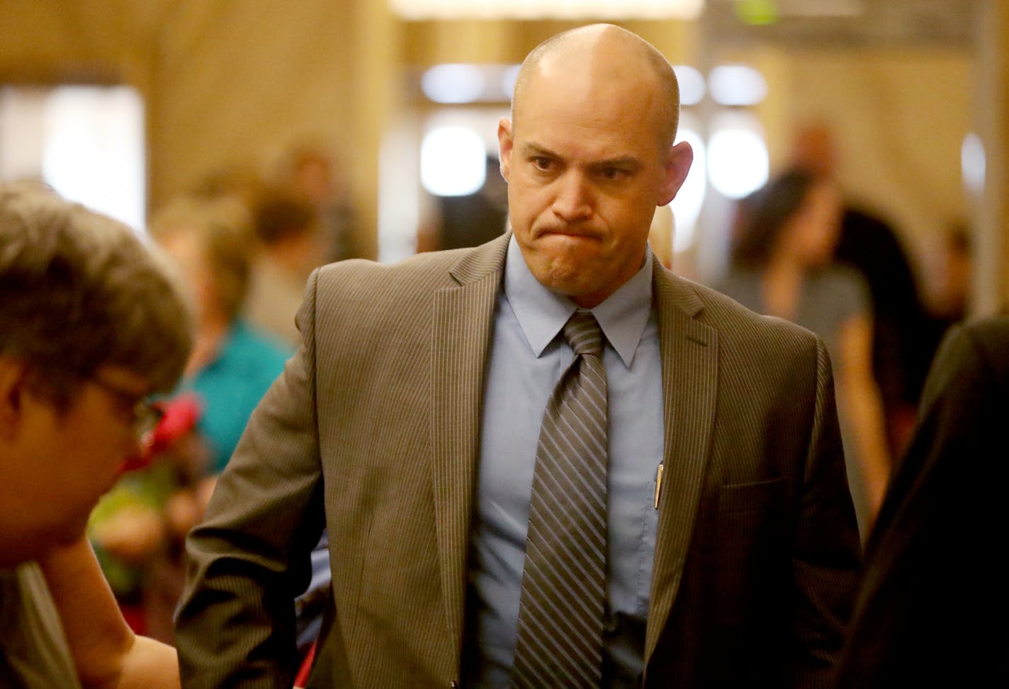 St. Paul police officer Michael Soucheray II for opening statements and testimony at the Ramsey County Courthouse Tuesday, May 2, 2017, in St. Paul, MN. Soucheray is charged with punching a suicidal 14-year-old girl outside of a shelter for sexually exploited girls. The girl spat in Soucheray's face before he allegedly struck the girl in the face twice with a closed fist.