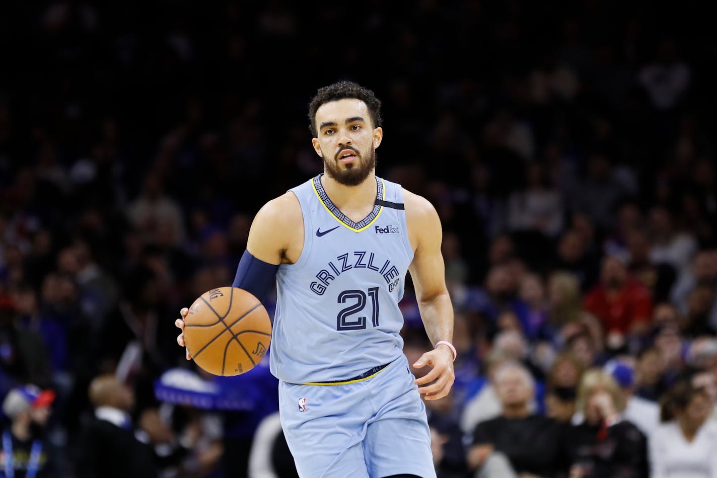 Memphis Grizzlies' Tyus Jones plays during an NBA basketball game against the Philadelphia 76ers, Friday, Feb. 7, 2020, in Philadelphia. (AP Photo/Matt Slocum)