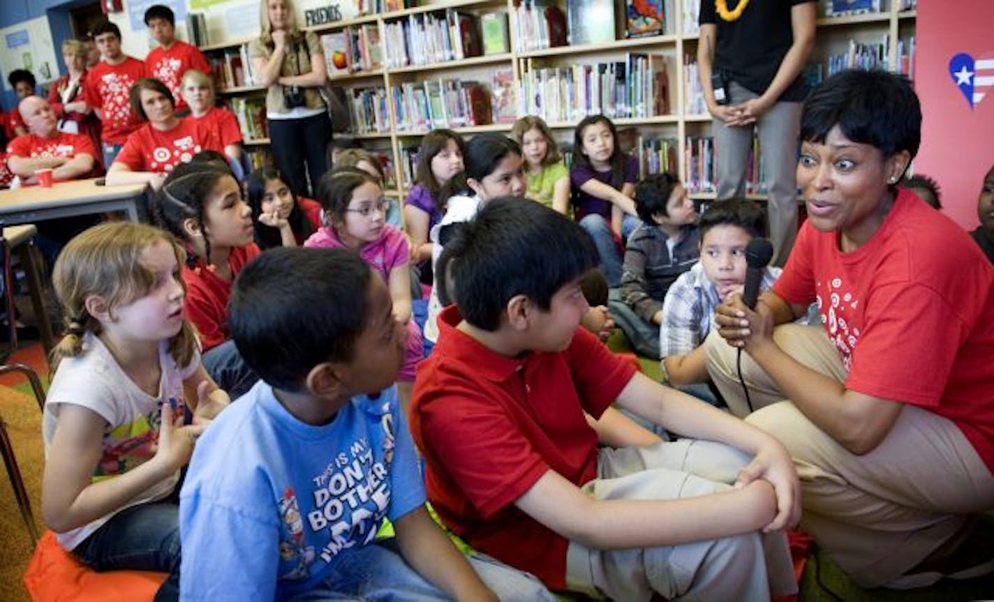 Laysha Ward told students to "make some noise" in the new Target-funded library at Bancroft Elementary School in Minneapolis.