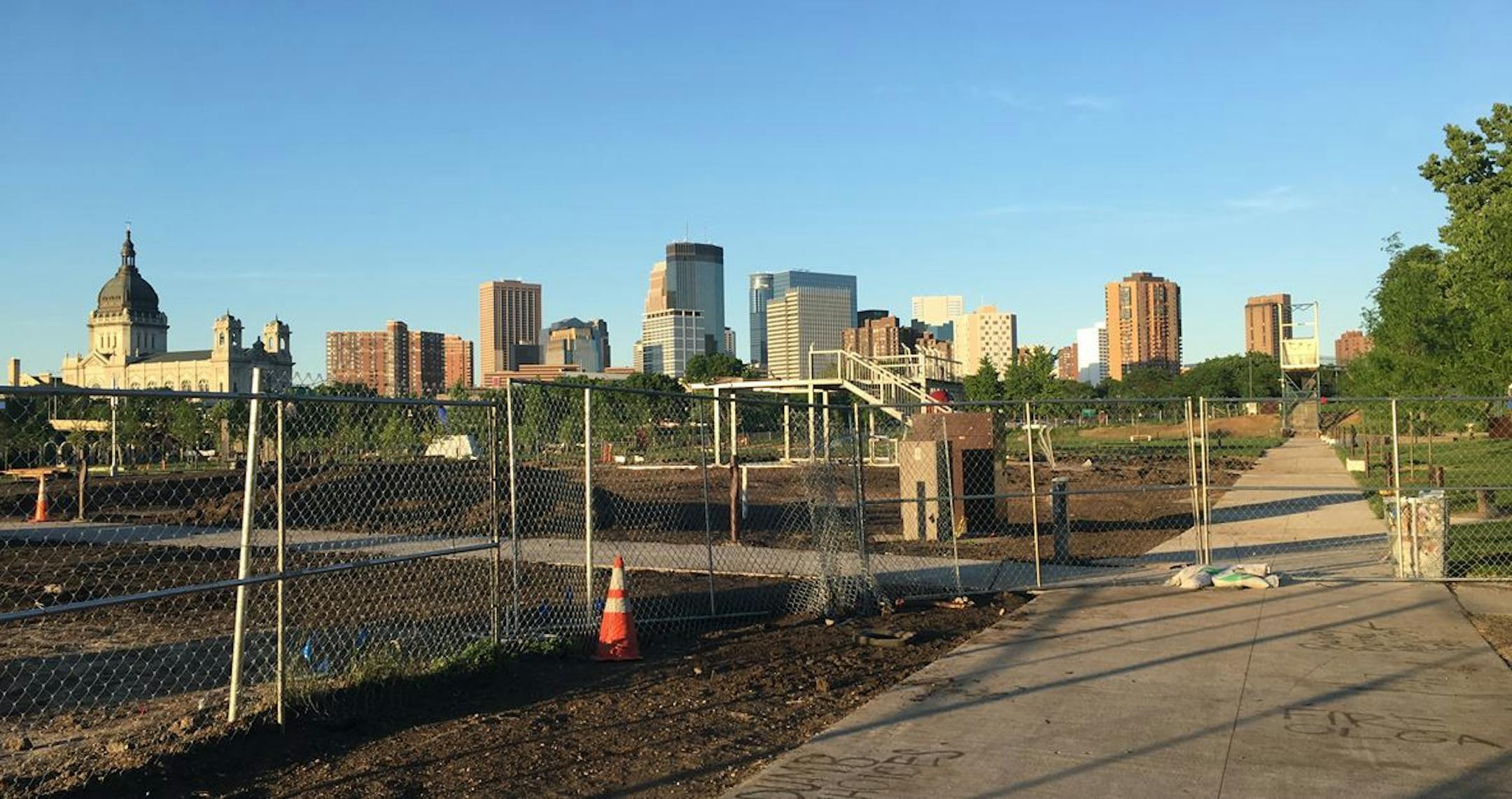 The work site where "Scaffold" was dismantled and its wooden pieces trucked off the Walker Sculpture Garden site on Monday, June 5.