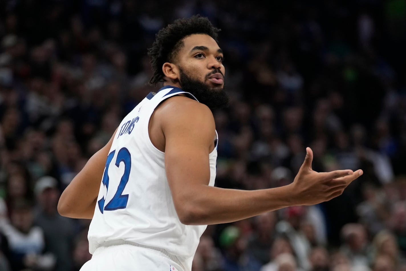 Minnesota Timberwolves center Karl-Anthony Towns looks toward a referee during the first half of an NBA basketball game against the Boston Celtics, Monday, Nov. 6, 2023, in Minneapolis. (AP Photo/Abbie Parr)