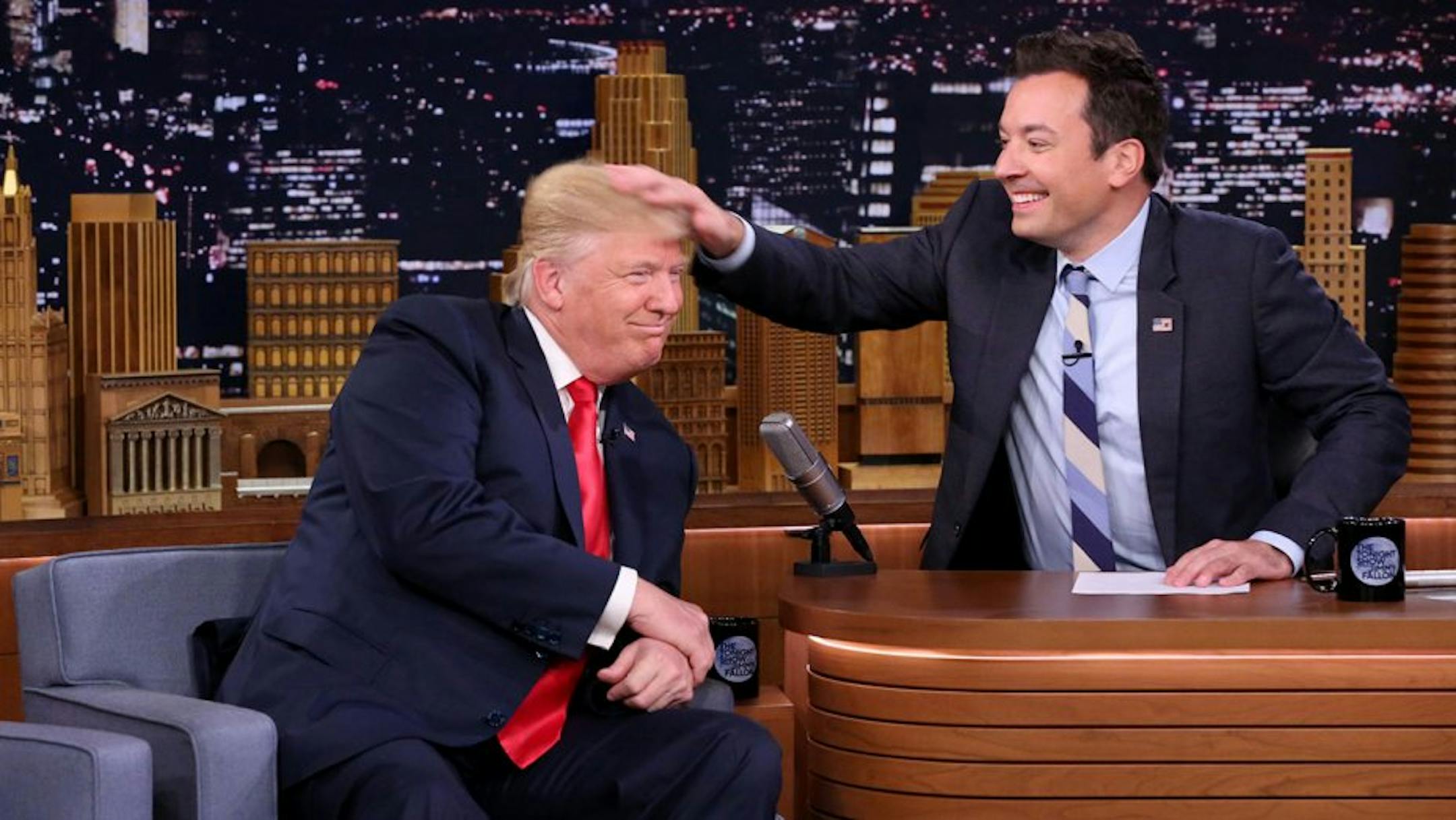 Jimmy Fallon messes up Donald Trump's hair on "The Tonight Show."