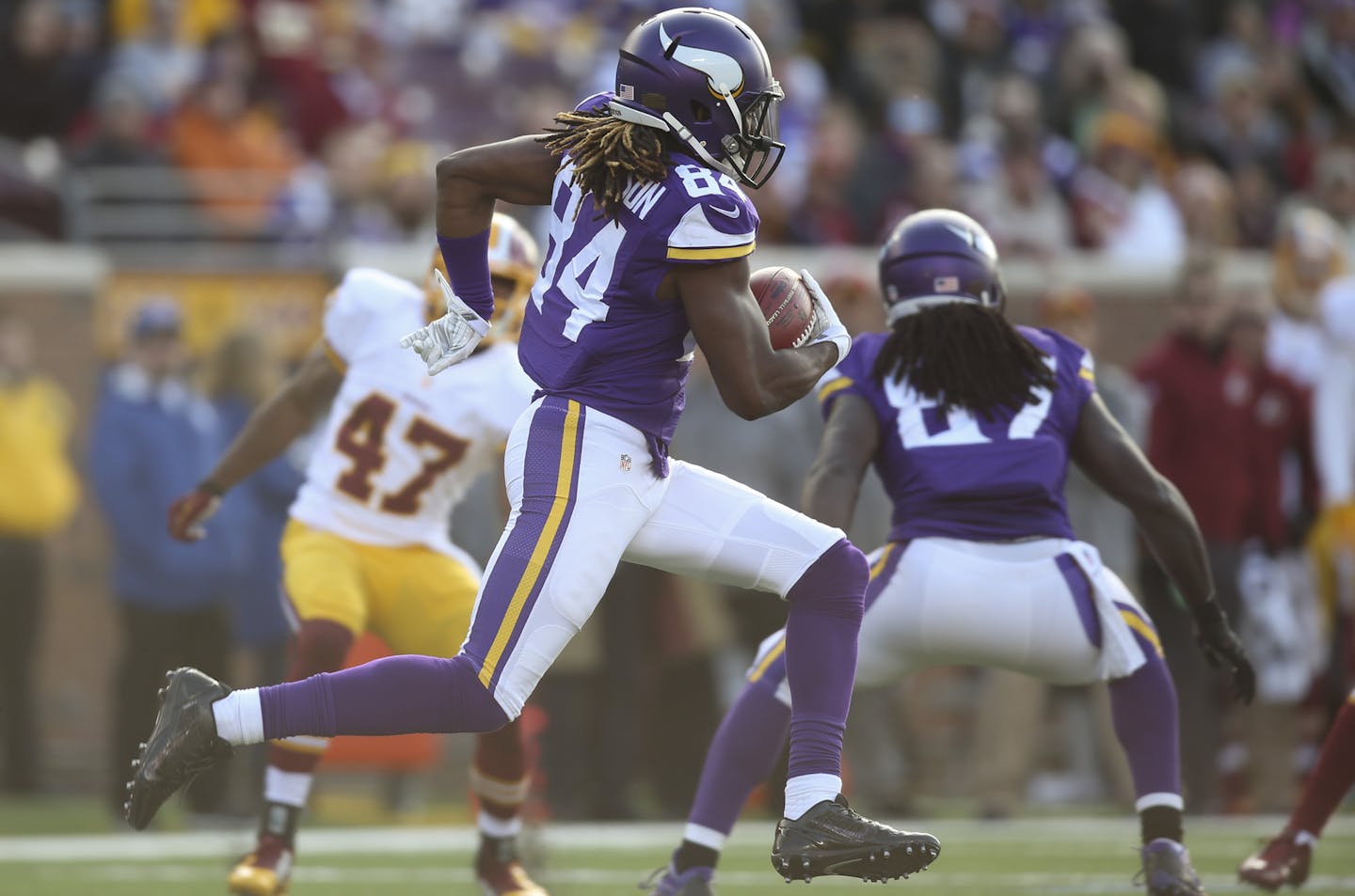 Minnesota Vikings wide receiver Cordarrelle Patterson (84) had a 32 yard kickoff return in the fourth quarter Sunday at TCF Bank Stadium. ] JEFF WHEELER &#x201a;&#xc4;&#xa2; jeff.wheeler@startribune.com The Minnesota Vikings defeated the Washington Redskins 29-26 at TCF Bank Stadium Sunday afternoon November 2, 2014.