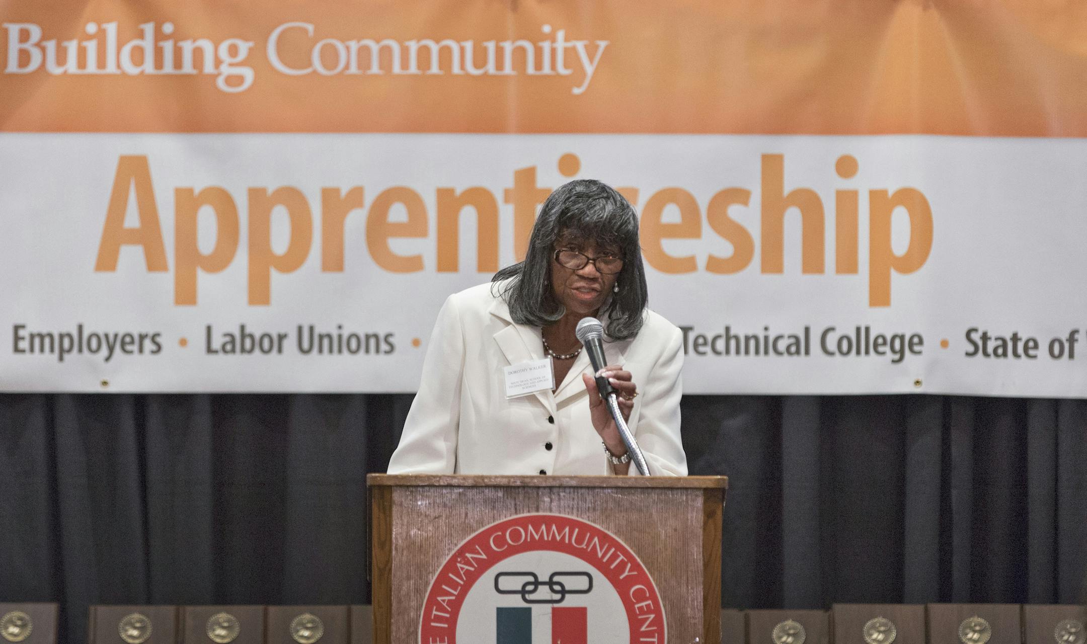 Dorothy Walker speaks at an apprenticeship banquet on April 26, 2017. Walker is the interim dean of Milwaukee Area Technical College's School of Technical and Applied Sciences. (Sefton Ipock/Milwaukee Area Technical College) ORG XMIT: 1217813