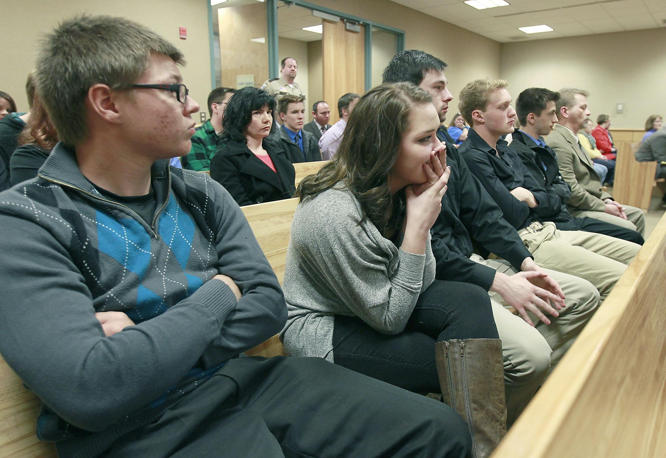 Nineteen-year-old Levi Acre-Kendall's friends packed the courtroom for the hearing at the Polk County Justice Center, Wednesday, April 22, 2015 in Balsam Lake, WI.