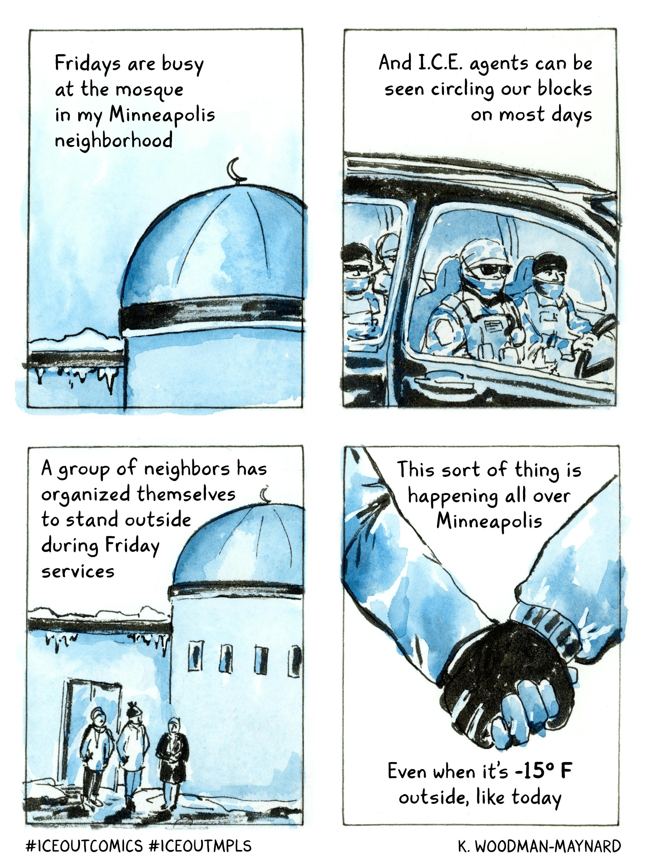 cartoon of neighbors helping to keep a community's mosque safe