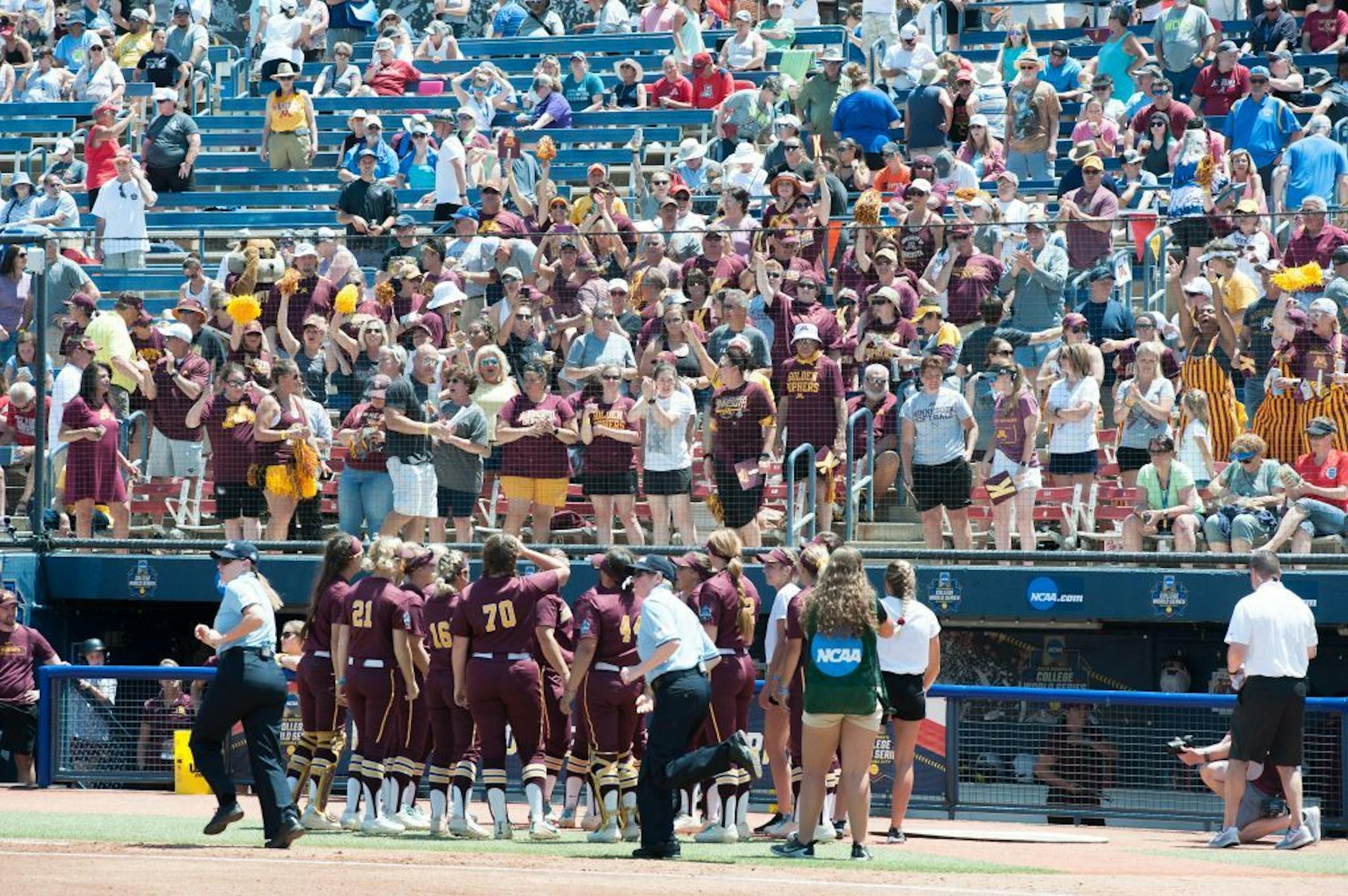 Minnesota Gophers saluting the fans at the 2019 Women's College World Series.