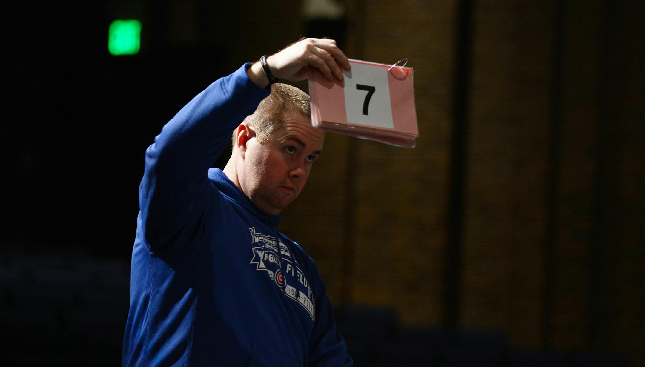 Special education instructor Beau Dickey uses a color and number system to cue students to deliver their lines. Photo by Liz Rolfsmeier, Special to the Star Tribune