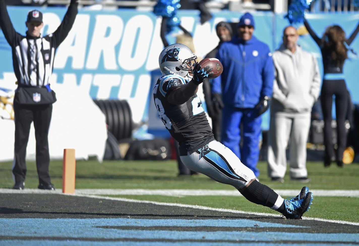 Carolina Panthers' Jonathan Stewart (28) falls into the end zone for a touchdown against the Minnesota Vikings during the first half of an NFL football game in Charlotte, N.C., Sunday, Dec. 10, 2017. (AP Photo/Mike McCarn)