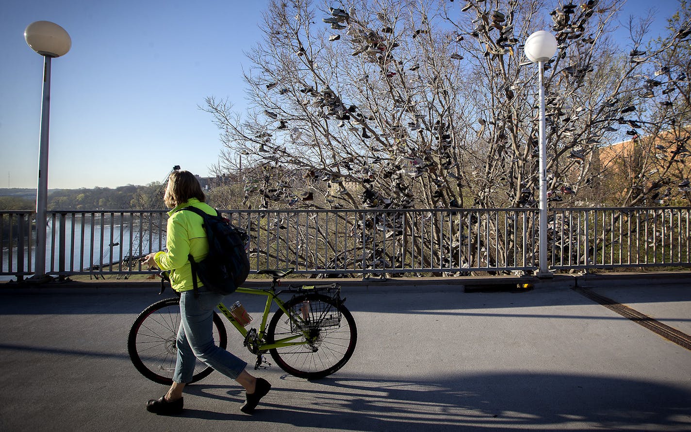 The Shoe Tree is best seen while walking on the Washington Avenue bridge between the University of Minnesota&#x2019;s East and West banks.