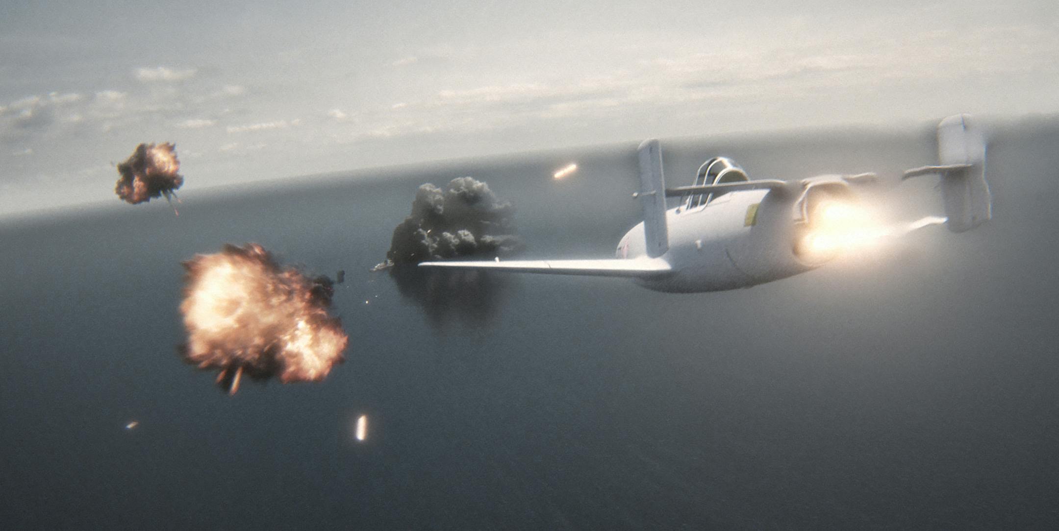 Re-creation: Ohka hurtles towards aircraft carrier with explosions littering the sky. credit: PBS